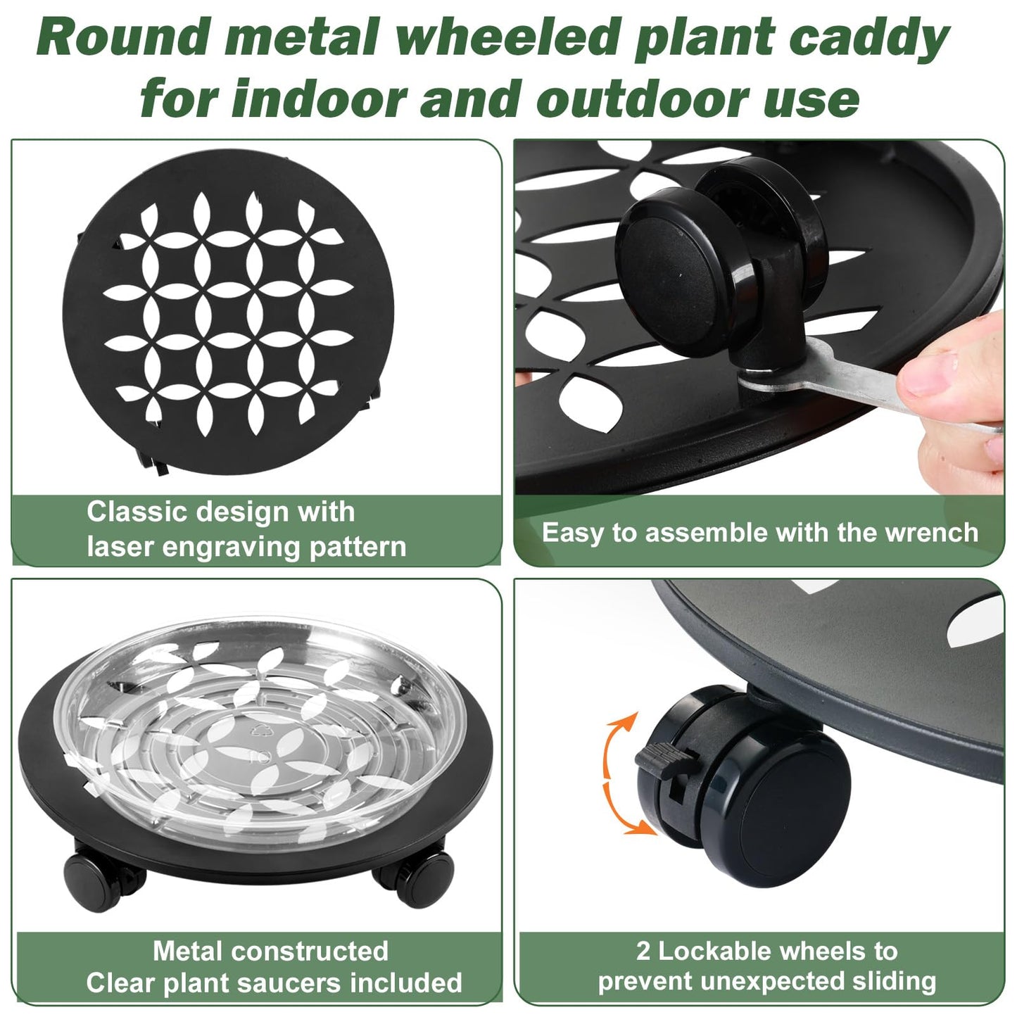 DEELF OUTLET 3 Packs 13.5" Large Metal Plant Caddy with Wheels Heavy-duty Plant Dolly Pot Mover Rollers Rolling Plant Stands Indoor Outdoor Wheeled Plant Holder Coaster Trolley, Black