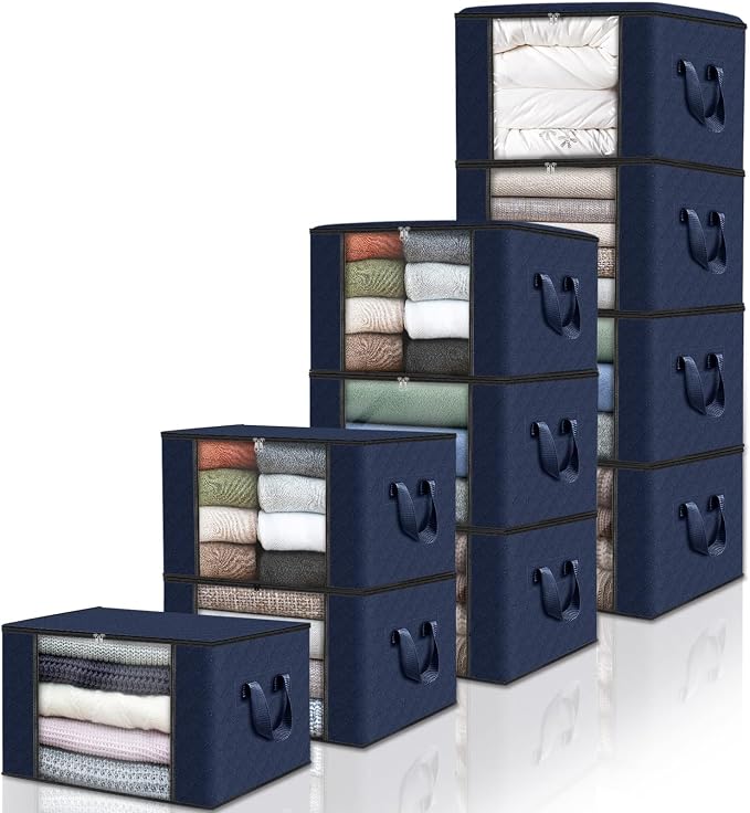 Fab totes Storage Bags,Clothes Blanket Storage Bins Foldable Closet Organizers with Reinforced Handle for Home Dorm Storage and Organization,Fabric Bags for Organizing Sheets,Clothing (Blue,10 Pack)