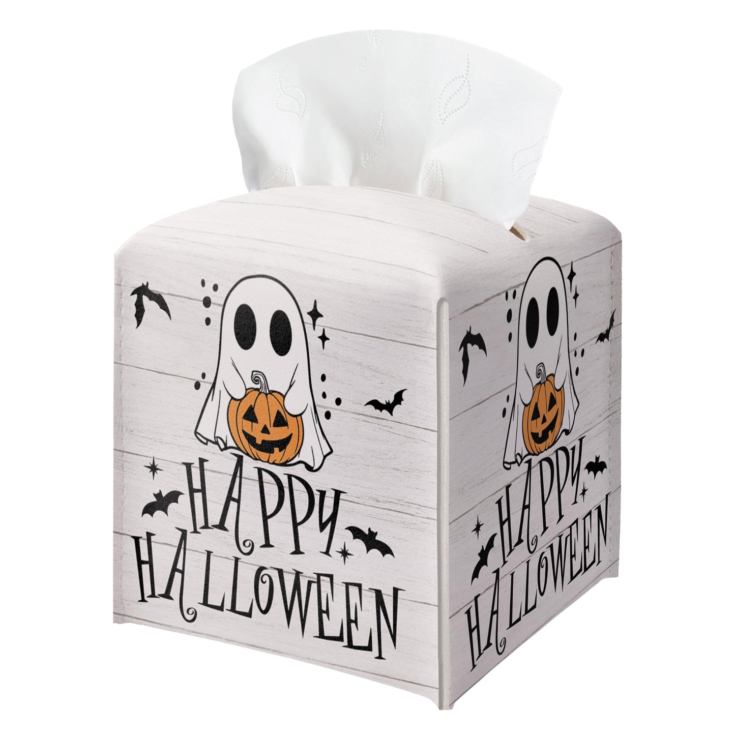 Happy Halloween Tissue Box Holder, Ghost Pumpkin Leather Tissue Box Cover Square, Cute Facial Paper Organizer Dispenser Toilet Paper Holder Decor for Bathroom Kitchen Office Home Accessory-A03