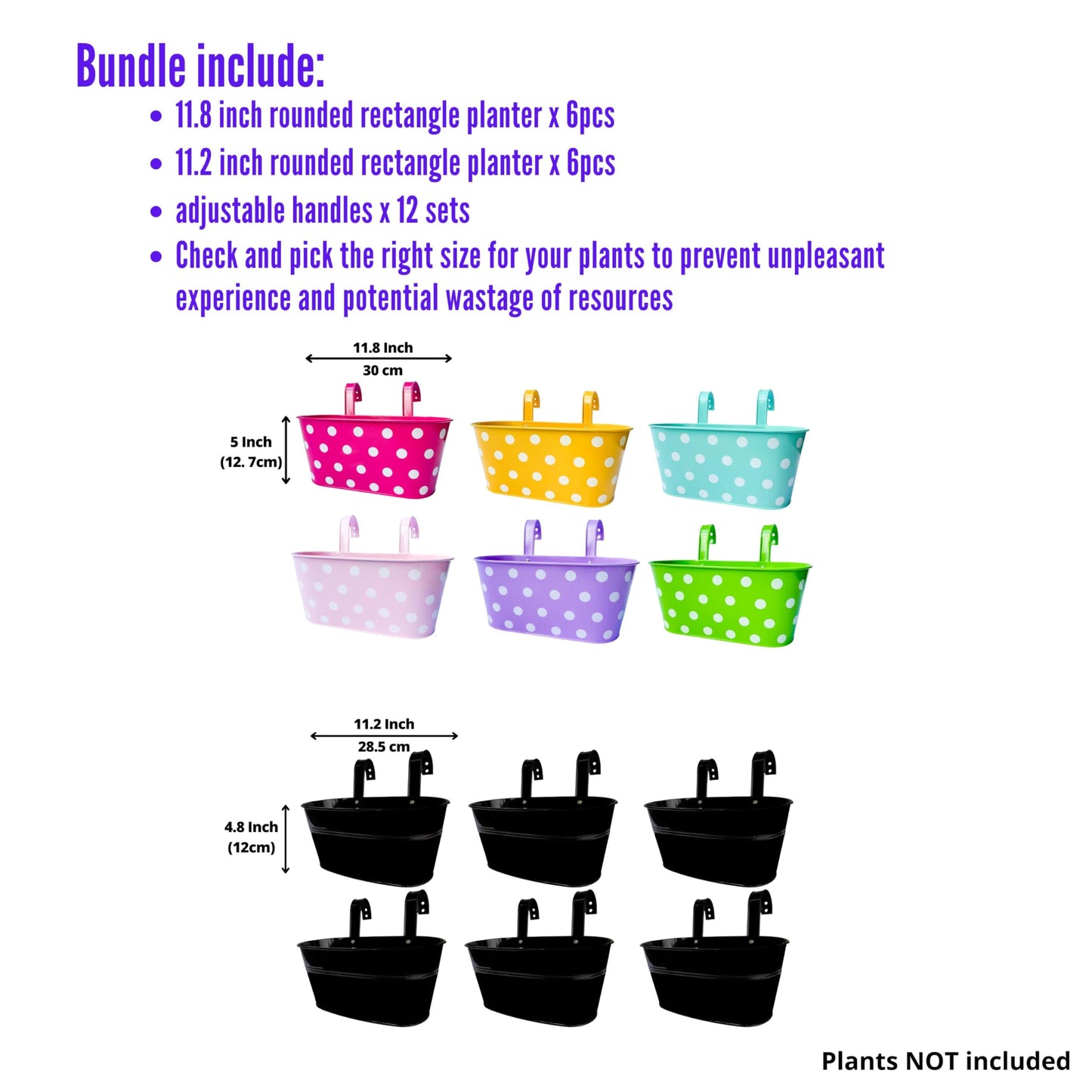 LaLaGreen Bundle - 6 Pack, 11.2 Inch Black + 6 Pack, 11.8 Inch Polka Dot Metal Iron Hanging Flower Pot Wall Mount Deck Railing Window Fence Bucket Box Plant Holder Modern Patio Porch Garden Decor