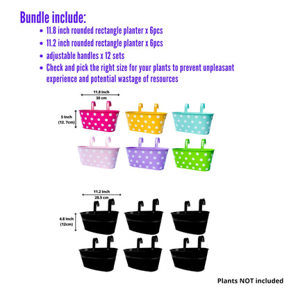 LaLaGreen Bundle - 6 Pack, 11.2 Inch Black + 6 Pack, 11.8 Inch Polka Dot Metal Iron Hanging Flower Pot Wall Mount Deck Railing Window Fence Bucket Box Plant Holder Modern Patio Porch Garden Decor