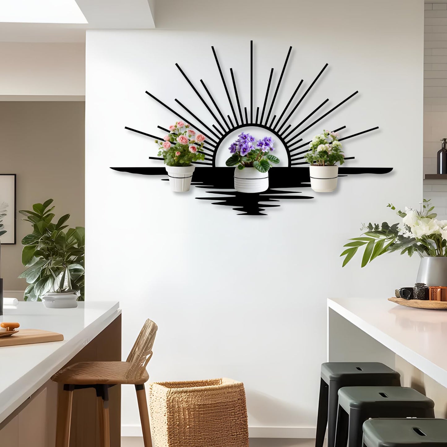 Glethua Sunrise Metal Wall Mount Plant Holder, Sun Wall Plant Holder, Sunshine Metal Hanging Planter for Living Room, Kitchen, Bathroom (Black, 59"x 35"| 150x89cm, 4 Pack 4" Flower Pot Holder Ring)