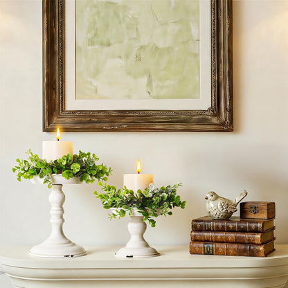 Rustic Iron Pillar Candle Holder: White Farmhouse Candle Holder with Greenery Wreaths Set of 2, Elegant Large Candle sticksholder Decor for Wedding, Coffee Table Centerpieces, Living Room, Home Decor