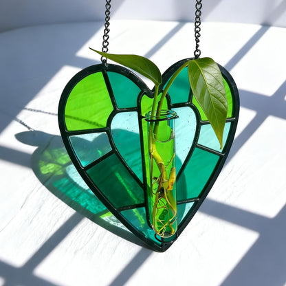 Stained Glass Plant Propagation Station, Handmade Suncatchers Window Hanging Decor, Hanging Hydroponic Planter Terrarium with 2 Glass Tubes for Mother's Day Home & Garden Decor, Green, Indoor Outdoor