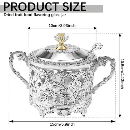 LCJAOF Glass Sugar Bowl with Lid and Spoon Vintage Kitchen Food Canister Condiment Pot Storage Jar Seasoning Containers for Home Restaurant Kitchen（Silver）