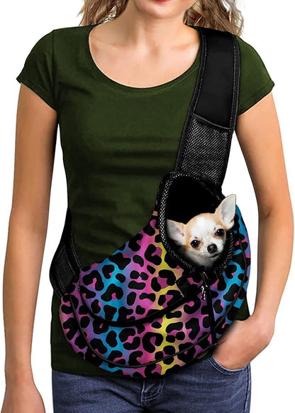 FUSURIRE Colorful Leopard Print Pet Carrier Sling with Adjustable Strap and Zipper Open, Small Dogs Cats Travel Carrier Bag for Women Men Green Hand Free Pet Front Sling Pack