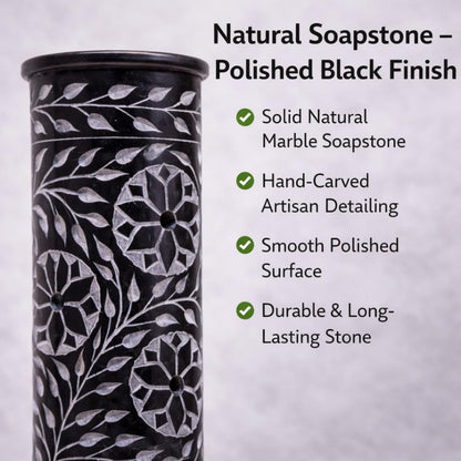 KC KULLICRAFT Hand Carved Marble Soapstone Incense Stick Holder – Black Incense Burner with Ash Catcher Base, Tea Light & Camphor Holder, Decorative Home & Puja Decor (3 x 3 x 10 Inch).