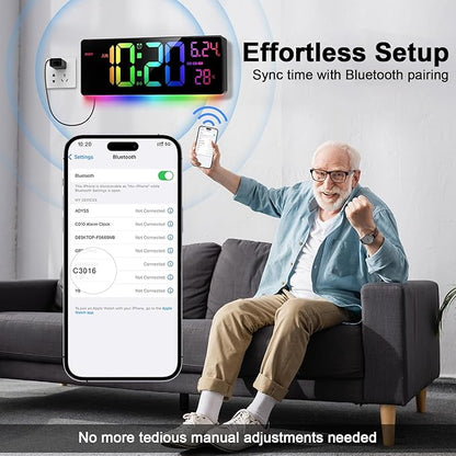 16" Bluetooth Large Digital Wall Clock/Auto Time Sync, 10 RGB Colors Digital Clock Large Display with Remote, Auto-Dimming/DST, Calendar, Timer, Alarm, 6 Night Lights Big Clock for Decor
