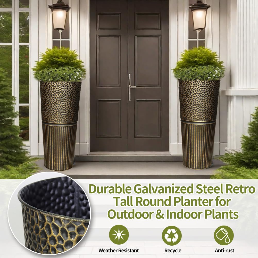 2 Pcs Pack 22 Inches Metal Tall Tapered Planter Pots Large Galvanized Steel Round Planter Flower Pot with Drainage Holes for Indoor Outdoor Deck Porch Garden Home Patio Front Door (Antique Bronze, S)