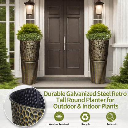 2 Pcs Pack 22 Inches Metal Tall Tapered Planter Pots Large Galvanized Steel Round Planter Flower Pot with Drainage Holes for Indoor Outdoor Deck Porch Garden Home Patio Front Door (Antique Bronze, S)