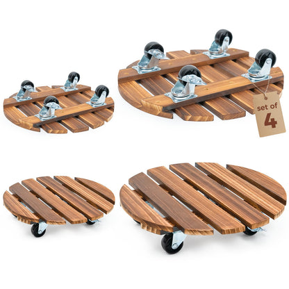 Bamworld Plant Stand with Wheels Plant Caddy Outdoor 4 Pack 12in Rolling Planter Caddy with Swiveling and Lockable Caster for Indoor Patio Plant Dolly Wood Wheeled Mobile Roller
