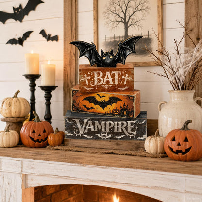 4 Pcs Halloween Table Decorations Bat Tiered Tray Decor Farmhouse Rustic Wooden Block Signs with Vampire & Jack-o'-Lantern Halloween Tabletop Centerpiece for Home Kitchen Shelf Mantel Office Desk