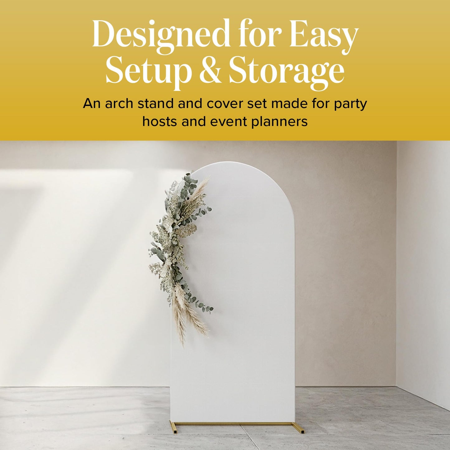 7.2FT Gold Wedding Backdrop Arch Stand with White Spandex Cover – Metal Frame, Water Weights & Storage Bag – Party, Birthday, Baby Shower, Bridal Shower, Wedding Ceremony, Photo Booth Decor