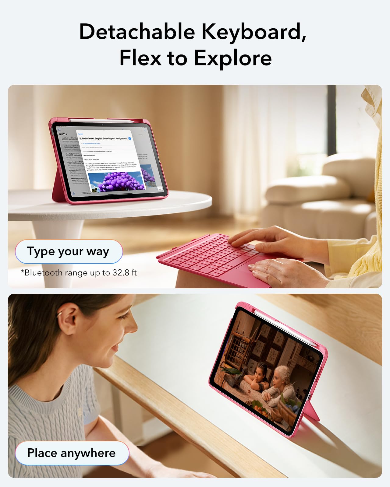 ESR iPad 11th (A16) 2025/10th Gen Flex Keyboard Case, Ultra-Light Magnetic Detachable Keyboard for iPad 10.9" with Writing/Viewing Modes, Larger Precision Trackpad, Pink
