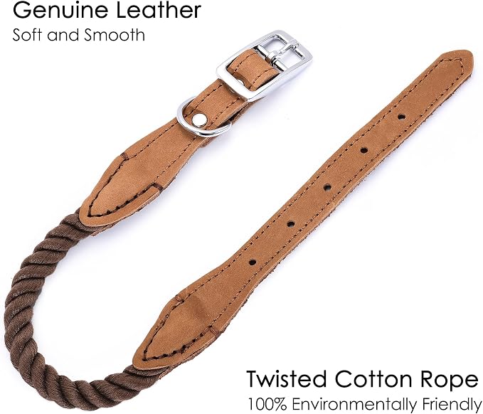 Mile High Life Genuine Leather Dog Collar, Durable Braided Cotton Rope Collar with Metal Pin Buckle for Small Medium Large Dogs (Dark Brown, M Neck 15"-18")