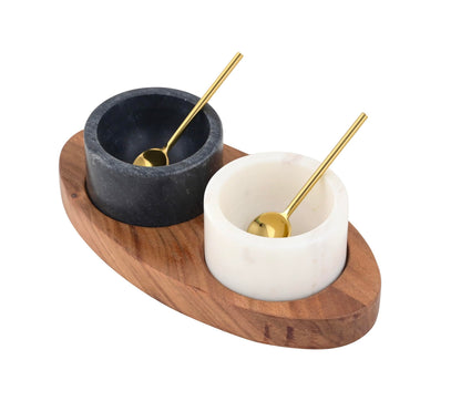 Cruiser’s Caché 2 Piece White and Black Marble Salt and Spice Cellar or Dipping Bowls with Wood Tray and Gold Spoons