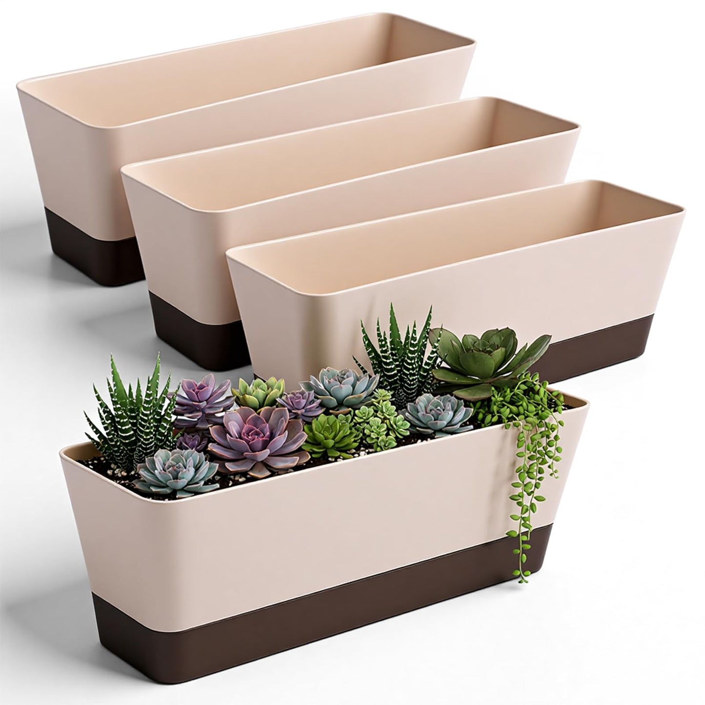SHENLIU 4 Pack Rectangular Plant Pot, 12 Inch Watering Plant Container with Drainage Hole and Saucers Large Plastic Flower Pots Succulent Window Sill Planter Window Planter Box for Succulents, Flowers