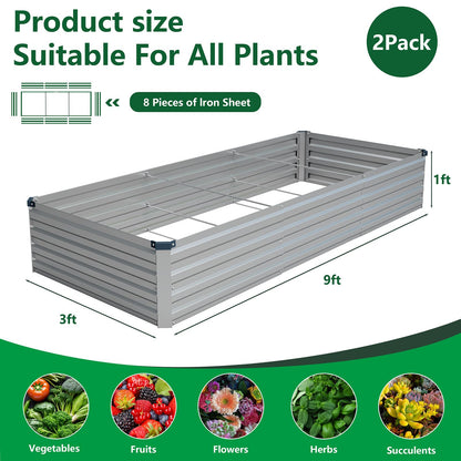 Vengarus 2 Pack 9x3x1FT Galvanized Raised Garden Bed Kit, Outdoor Metal Planter Box for Vegetables, Rectangular Steel Container, Easy Assembly (Silver)