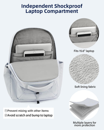 HanTrip Travel Laptop Backpack for Women Men, Large Work Backpack for Commuter College School Book Bags, Reflective Water Resistant Backpack with Luggage Strap Bottle Pocket Chest Strap, Glacier White