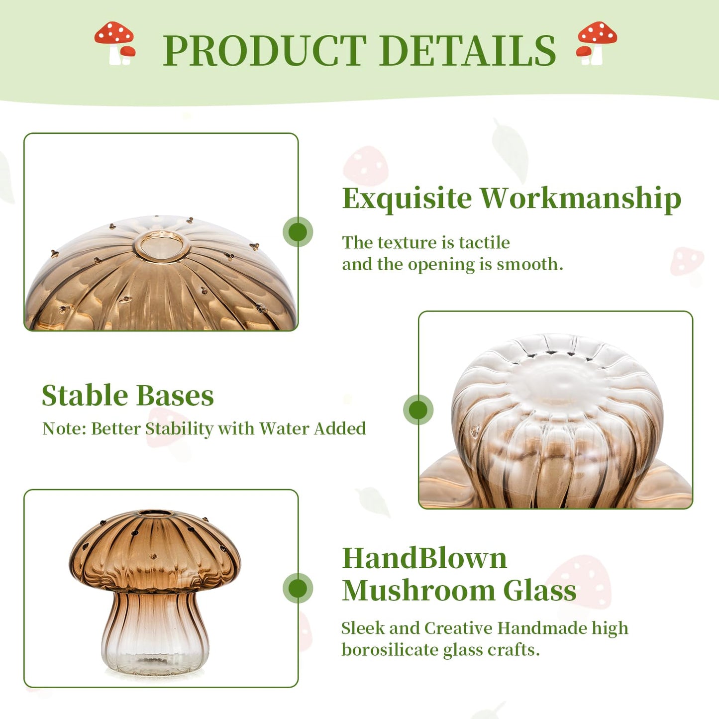 Glasseam Mushroom Plant Propagation Stations: Amber Glass Terrarium Jar Set of 5 Cute Planters for Indoor Plants Mini Propagate Station Unique Christmas Birthday Gifts for Women Home Office Decor