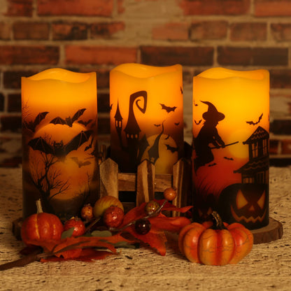 OWLBAY Set of 3 Halloween Flickering Flameless Candles with Remote and Timer, Real Wax Battery Operated LED Pillar Candles Assorted Decals Witch, Bats, Castle for Holiday Decor (D 3" H 6")