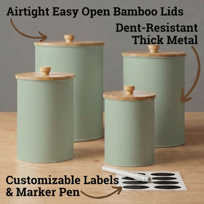 Kitchen Canisters for Countertop Set of 4 with Customizable Chalkboard Labels & Marker Pen - Big Iron Kitchen Canisters with Airtight Lids - Sage Green Canister Set - Flour and Sugar Containers