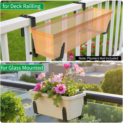 Window Box Brackets, Adjustable Planter Box Brackets, Heavy Duty Iron Flower Box Bracket for Deck Railing with Upgraded Bottom Support - Ideal for Balconies, Fences, and Gardens (4 Pack)