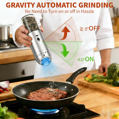 Electric Salt and Pepper Grinder Set, Automatic Enlarged 176ml Mill 2 Pack, Gravity-Sensing, Rechargeable Pepper Grinder, Stainless Steel, 6 Adjustable Coarseness, Kitchen Gadget Accessories