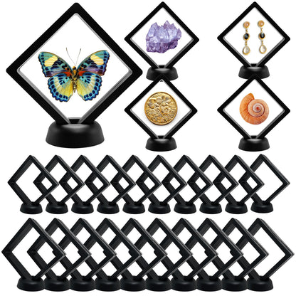 3D Floating Frame Display Cases, 20Pcs Transparent PE Film Jewelry Storage Box with Base Challenge Coin Display Frames Holder Stands Small Shadow Box Frame for AA Medallions Medal, Rock, Ring Necklace
