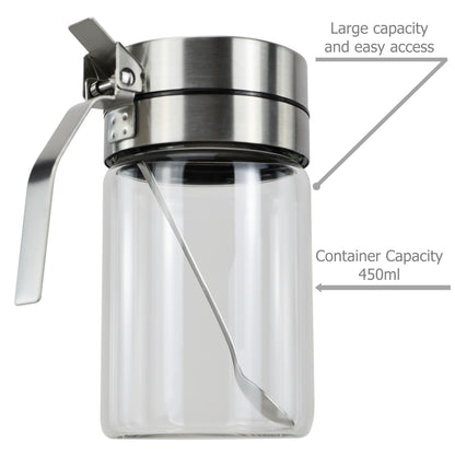 EIKS Glass Condiment Jars with Stainless Steel Lids and Spoons for Serving & Storing Sugar Spice Salt Seasoning in Home Kitchen Coffee Bar Restaurant, Container Capacity 450ml/14.5oz