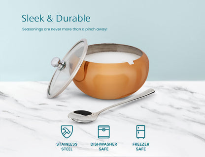 KooK Sugar Bowl, Sugar Bowl with Lid and Spoon, Sugar Container with Lid, for Salt, Coffee, Holds 2 Cups, Dishwasher Safe, Copper, 16 Oz