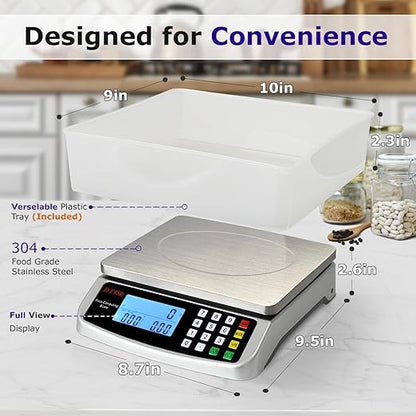 110lb/50kg Food Scale, Large Digital Kitchen Scale with Tray, 304 Stainless Steel, Commercial Price Computing Scale, Counting Scale for Baking, Cooking, Meat, Industry, Counting, Adapter Included