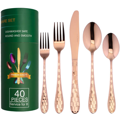 Silverware Set, Flatware Set Service for 8 Premium Stainless Steel Cutlery Set 40 Piece Include Upgraded Knife Spoon Fork Mirror Polished, Dishwasher Safe (Rose Gold)