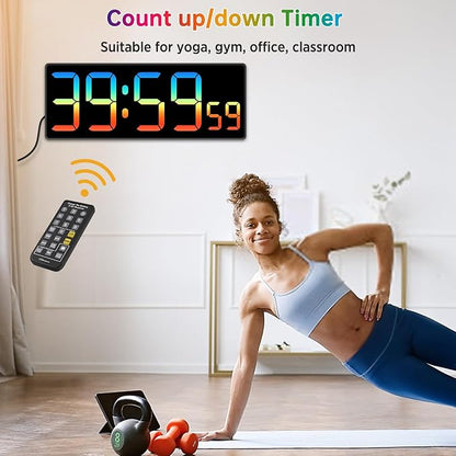 Soobest Digital Wall Clock with Remote Countdown Electrical Timer Seconds for Gym Living Room Office Classroom, 8 RGB Colors, Auto DST, Corded Plug in Large Display 5 Dimmer (10.2" Multicolor)