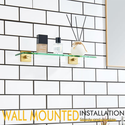 KOKOSIRI Floating Wall Shelf 16-Inch Bathroom Tempered Glass Shelves Shower Hanging Rack for Kitchen Storage Home Decor, Gold Stainless Steel B1107BG-L16