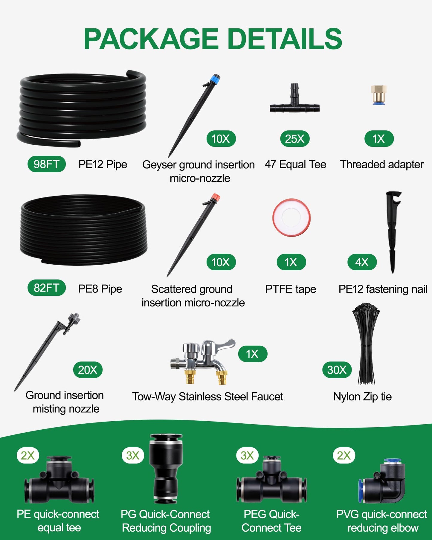 IRRIGARDENER Drip Irrigation System for Garden, Automatic Garden Watering System with 180FT 1/2” & 1/3” Tubing, Dual Faucet, Adjustable Nozzle Emitters for Garden, Greenhouse, Lawn, Potted Plants