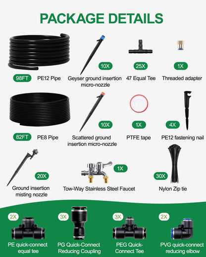 IRRIGARDENER Drip Irrigation System for Garden, Automatic Garden Watering System with 180FT 1/2” & 1/3” Tubing, Dual Faucet, Adjustable Nozzle Emitters for Garden, Greenhouse, Lawn, Potted Plants