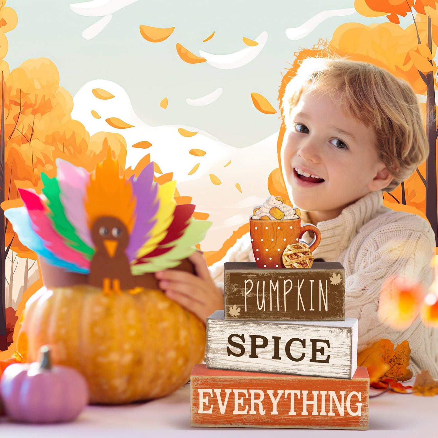Moucuny 4 Pcs Thanksgiving Decorations for Home Fall Cup Decor Thanksgiving Table Centerpiece Fall Tiered Tray Decor Rustic Wooden Cup Block Sign Gift Farmhouse for Harvest Party Home Kitchen