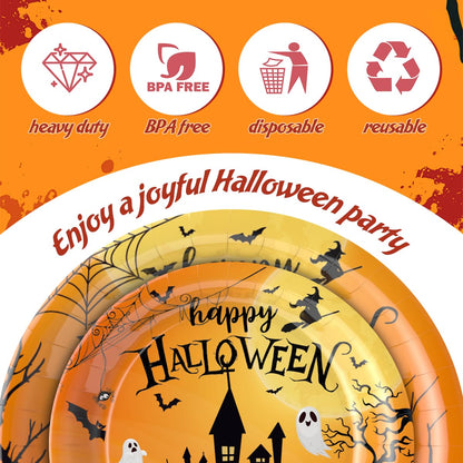 212Pcs Halloween Party Supplies Tableware Set for 24 Guests Disposable Pumpkin Ghost Themed Dinnerware Includes Paper Plates Napkins Cups Forks Knives Spoons Halloween Balloons, Banner & Tablecloth
