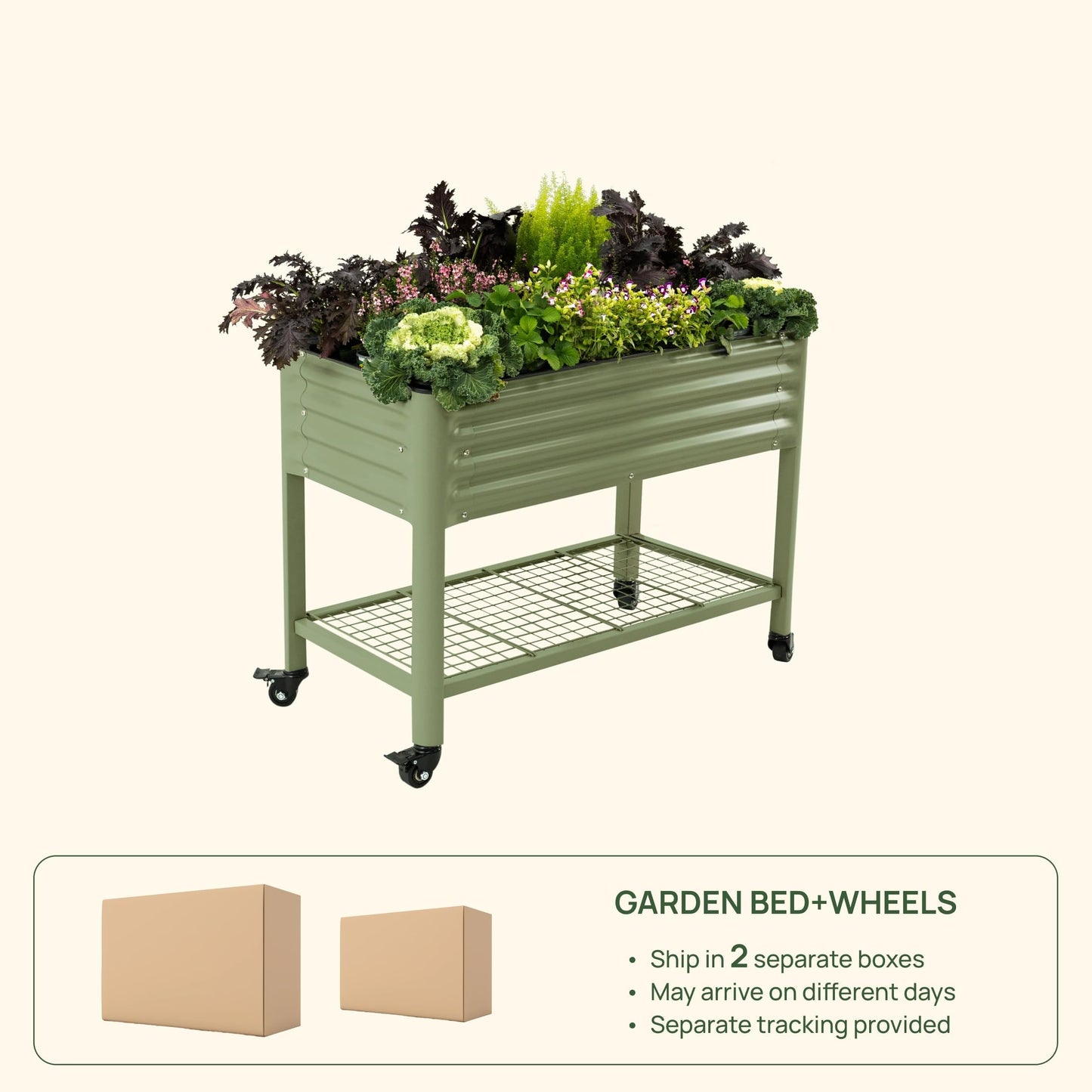 Rolling Elevated Raised Garden Bed-V Series, 2' x 4' Garden Beds with Legs & Storage Rack for Patio & Porch, 700 Lbs Weight Capacity, Outdoor Planter Box for Vegetables Flower Herbs, Olive Green