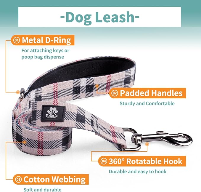 IVY&LANE Dog Collar with Bowtie and Leash Set | Plaid Adjustable Dog Collar | Detachable Bow Tie |5 FT Dog Leash | for Small Medium Large Dogs | Checkered Beige | Large
