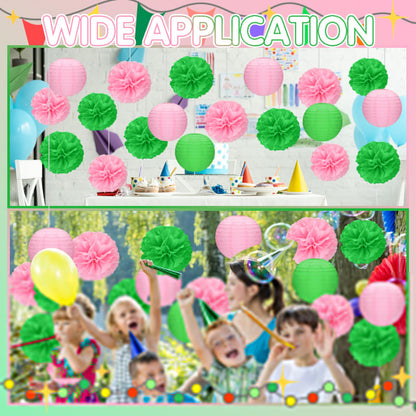 RoundFunny 15 Pcs Witch Theme Party Decorations Green and Pink Party Decorations Birthday Tissue Paper Pom Pom Lanterns Supplies for Girls Women Princess Birthday Decor