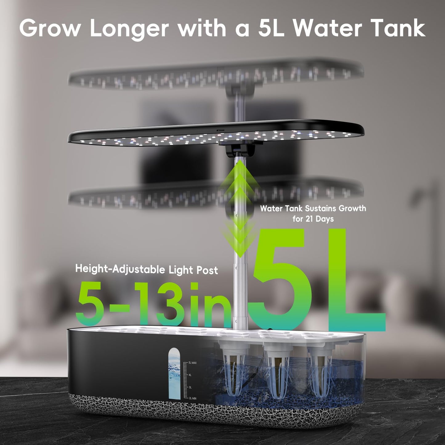 Hydroponics Growing System with LED Grow Light, 14 Pods Indoor Herb Garden Full Spectrum Rotatable Light Panel, Auto On Off Timing 12 14 16Hrs, 5L Water Tank, Harvest Fresh Basil Tomato (Black)
