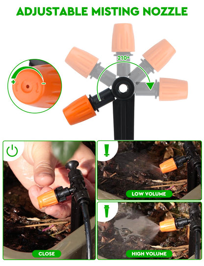 Landtouch Drip Irrigation System, 40FT 1/2" Mainline & 100FT 1/4" Tubing, with Adjustable Drip Emitters Misting Sprinkler, Efficient Sprinkler System Kit for Flower Bed, Raised Bed, Greenhouse, Lawn