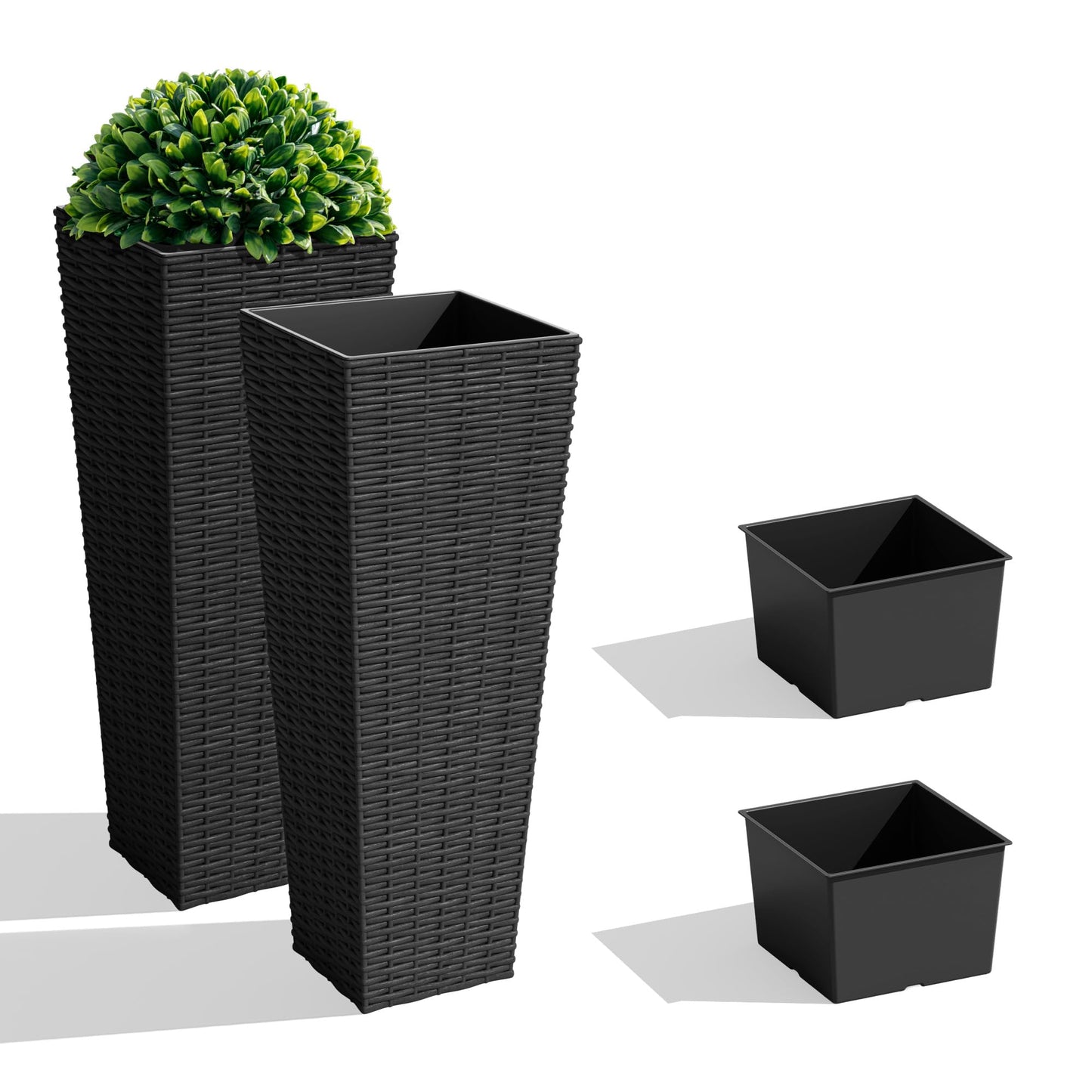 JUMMICO Set of 2 Resin Rattan Tall Planters for Outdoor Plants, Large Tapered Planters with Drainage Holes&Inner Trays, Flower Pots for Garden, Patio, Porch, Backyard (Black, 24'')