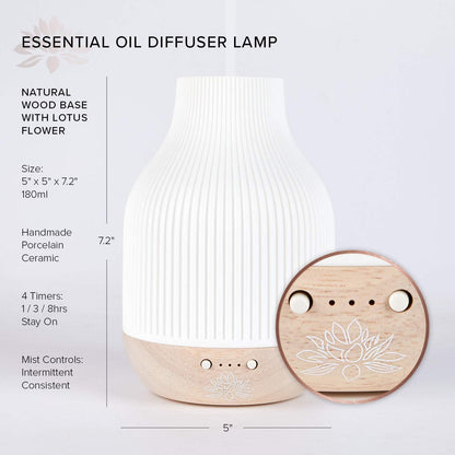 Sacred Lotus Love Ceramic Essential Oil Diffuser – Ultrasonic Aroma Diffuser with Wood Base, Ambient LED Light and Timer Settings