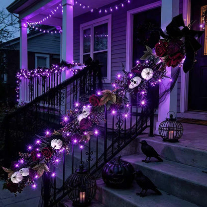 HipTree 6ft Gothic Halloween Garland with Lights, Spooky Eucalyptus Fall Decor with Skulls, Burgundy Roses & White Pumpkins, Battery Timer for Mantle Fireplace Staircase Indoor Outdoor Harvest