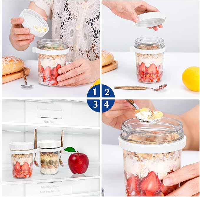 PFUM Overnight Oats Jars with Spoon and Lid 16 oz [2 Pack], Airtight Oatmeal Container with Measurement Marks, Mason Jars with Lid for Cereal On The Go Container (2pcs white)