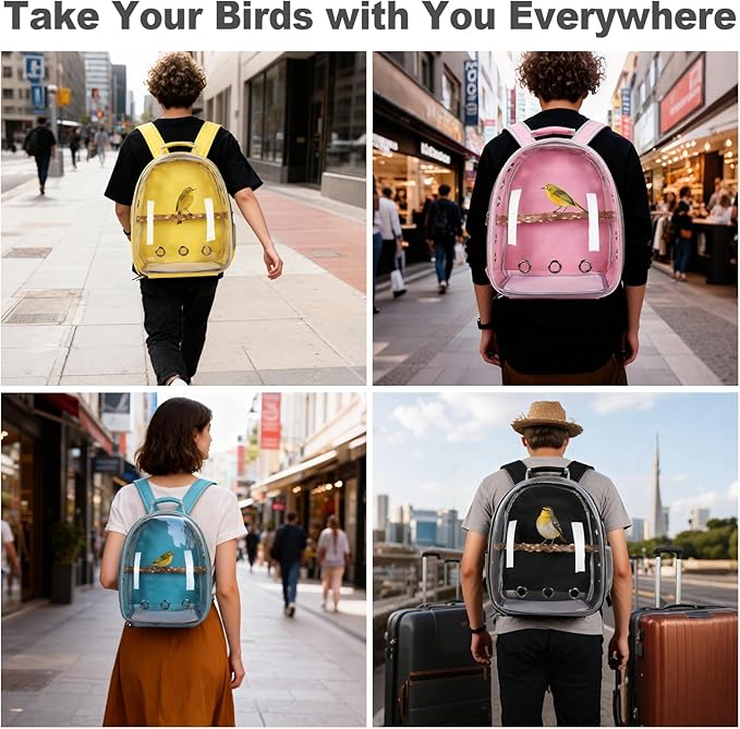 Bird Carrier Backpack with Wood Perch, Transparent Bird Travel Cage, Portable Pet Carrier Backpack, Breathable Hangbag for Vet Transport Camping Hiking (Pink)