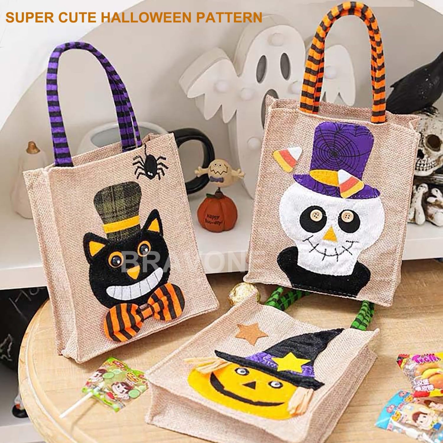 BravOne Halloween Trick or Treat Bags, 4 PCS Cute Pumpkin & Witch & Black Cat & Skeleton Halloween Candy Bucket For Kids - Small Reusable Burlap Tote Bag with Handles for Party Favor Supplies (#A)